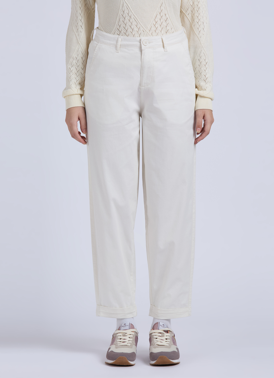 Ecru Mid Waist Carrot Fit Trousers, , large image number 1