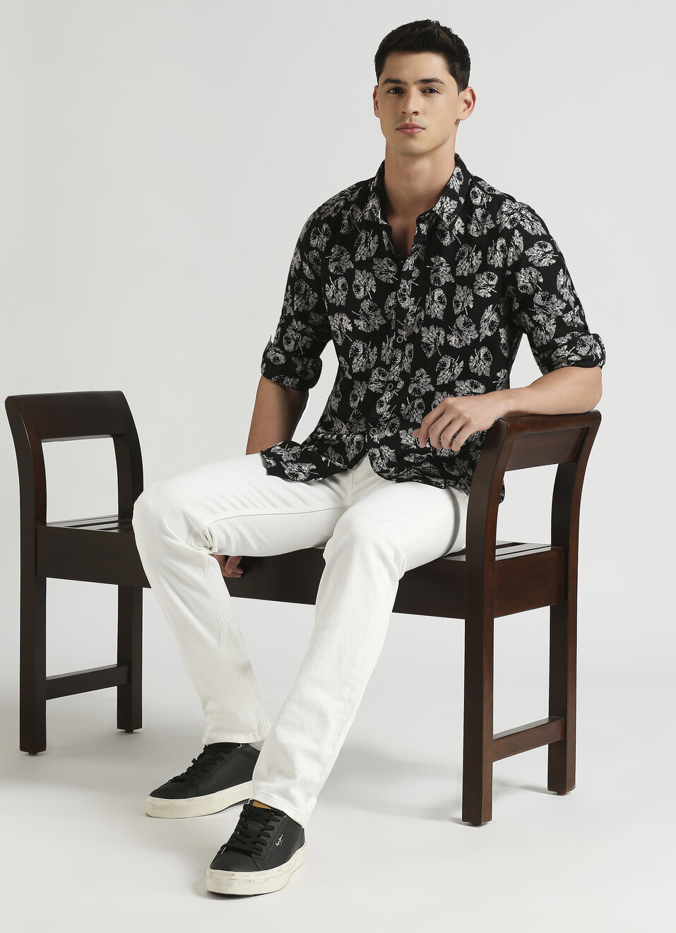 Black Botanical Print Twill Long Sleeve Shirt, , large image number 0