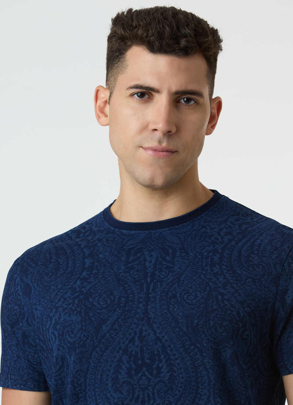 Men Blue Damask Print Short Sleeve T-shirt, , large image number 4