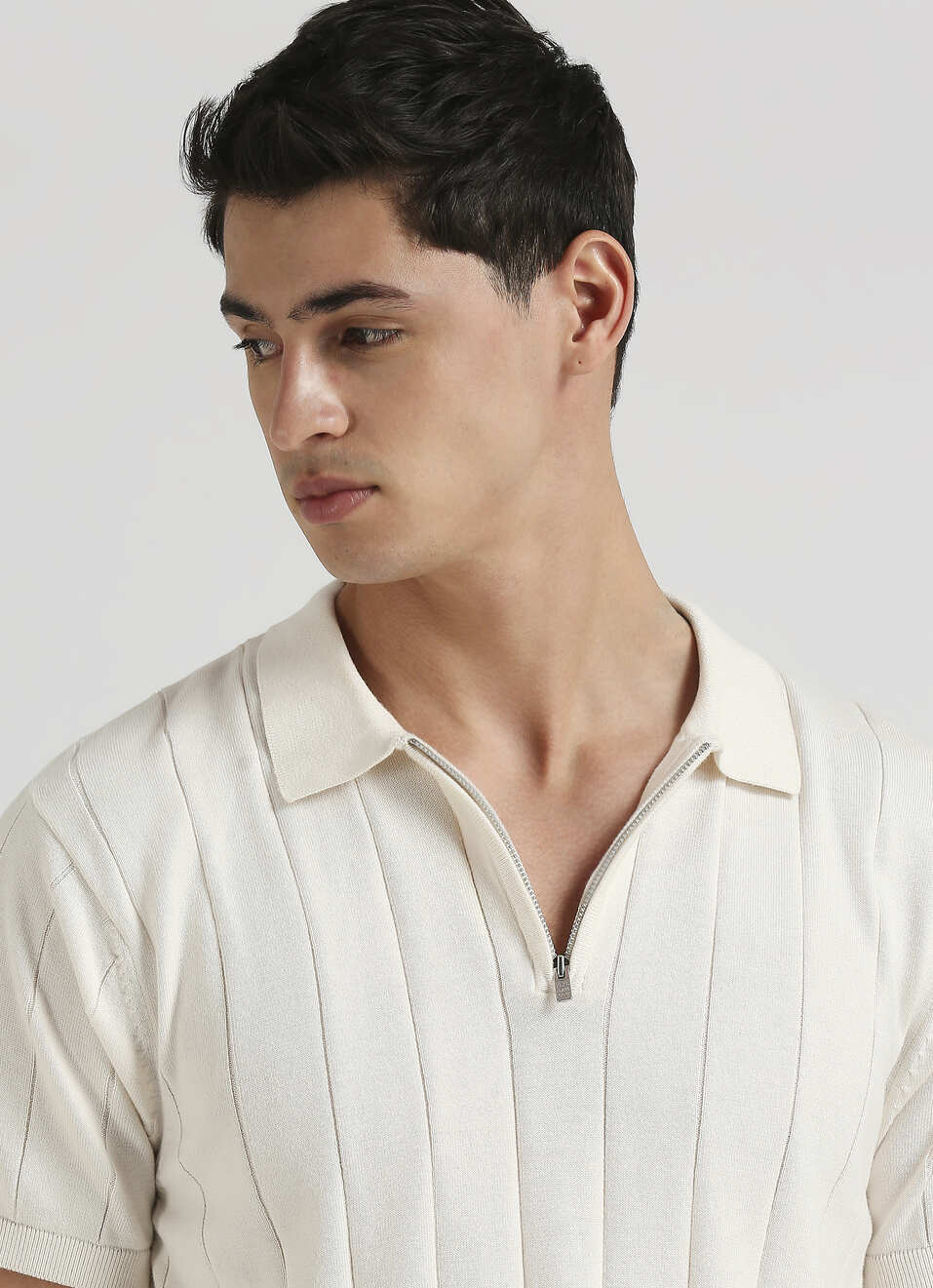 Off White Self Structured Striper Short Sleeve Polo , , large image number 4