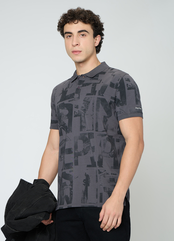 Men Grey Printed Polo Collar T-shirt