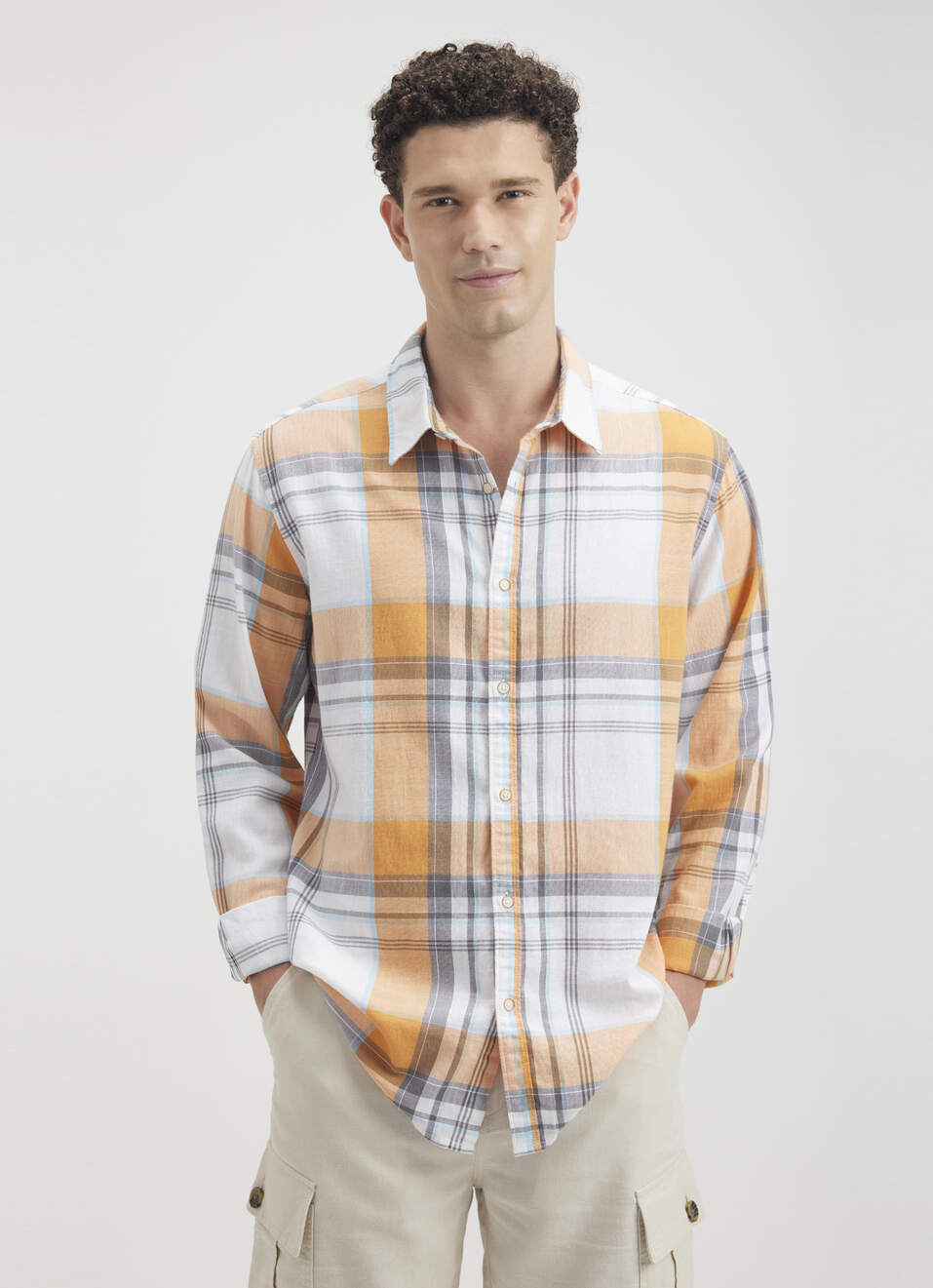 Men Orange Check Full Sleeve Shirt, , large image number 1