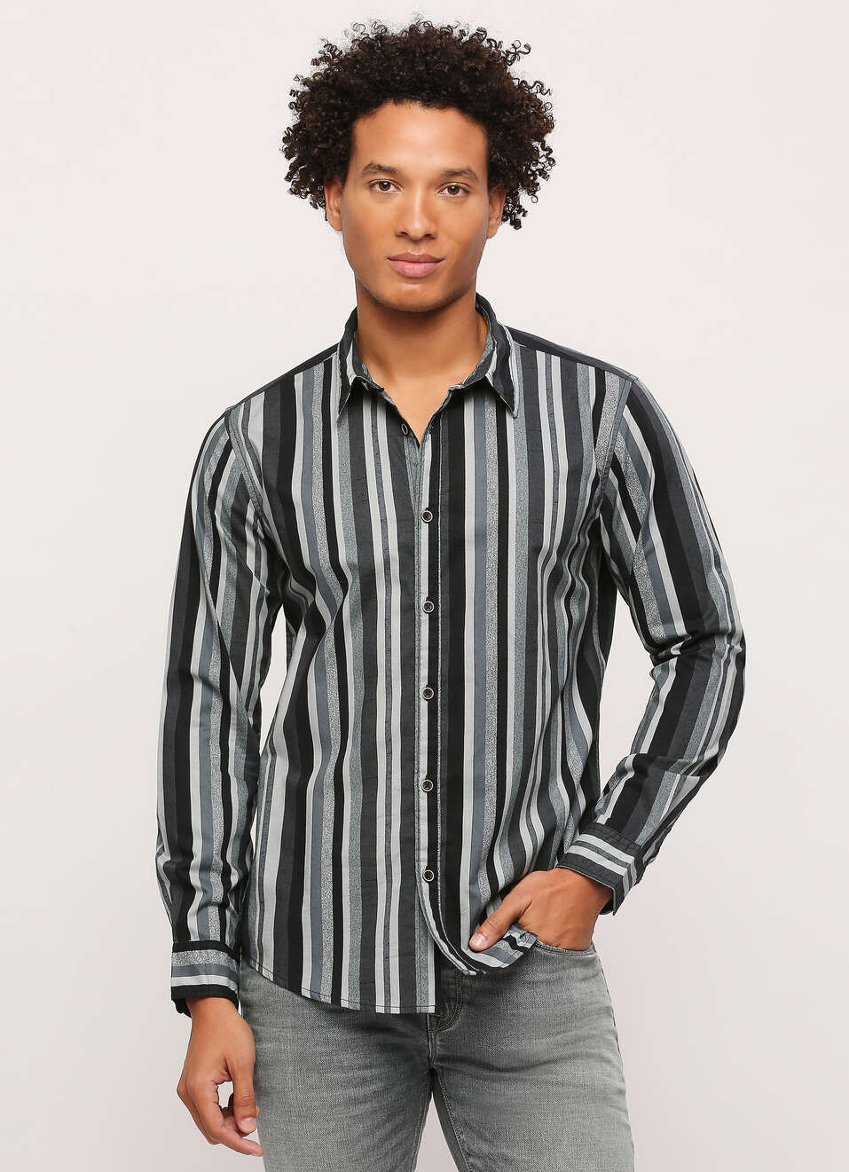 Grey Striped Full Slevee Shirt, , large image number 1