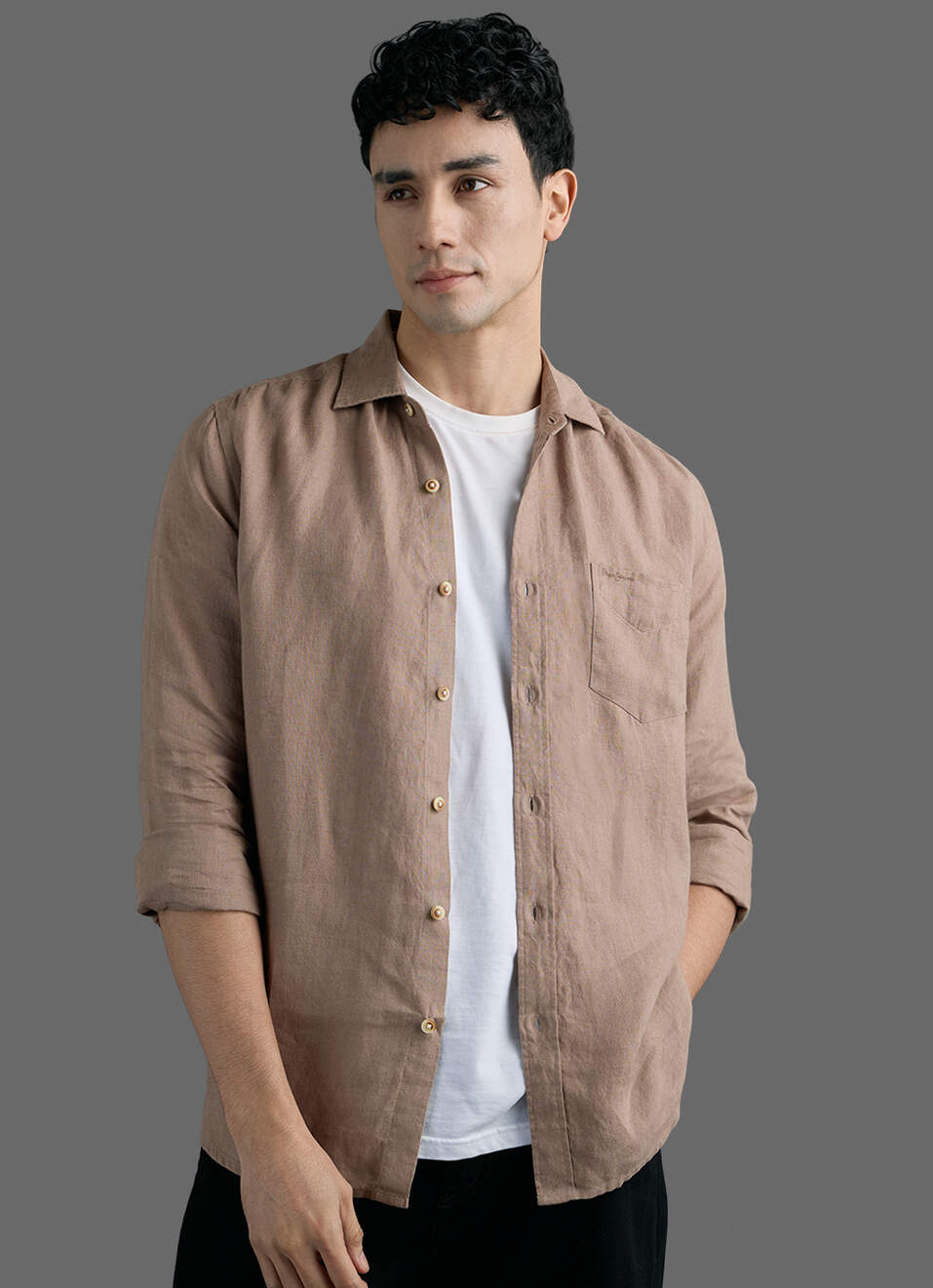 Men Brown Solid Pure Linen Long Sleeve Shirt, , large image number 5