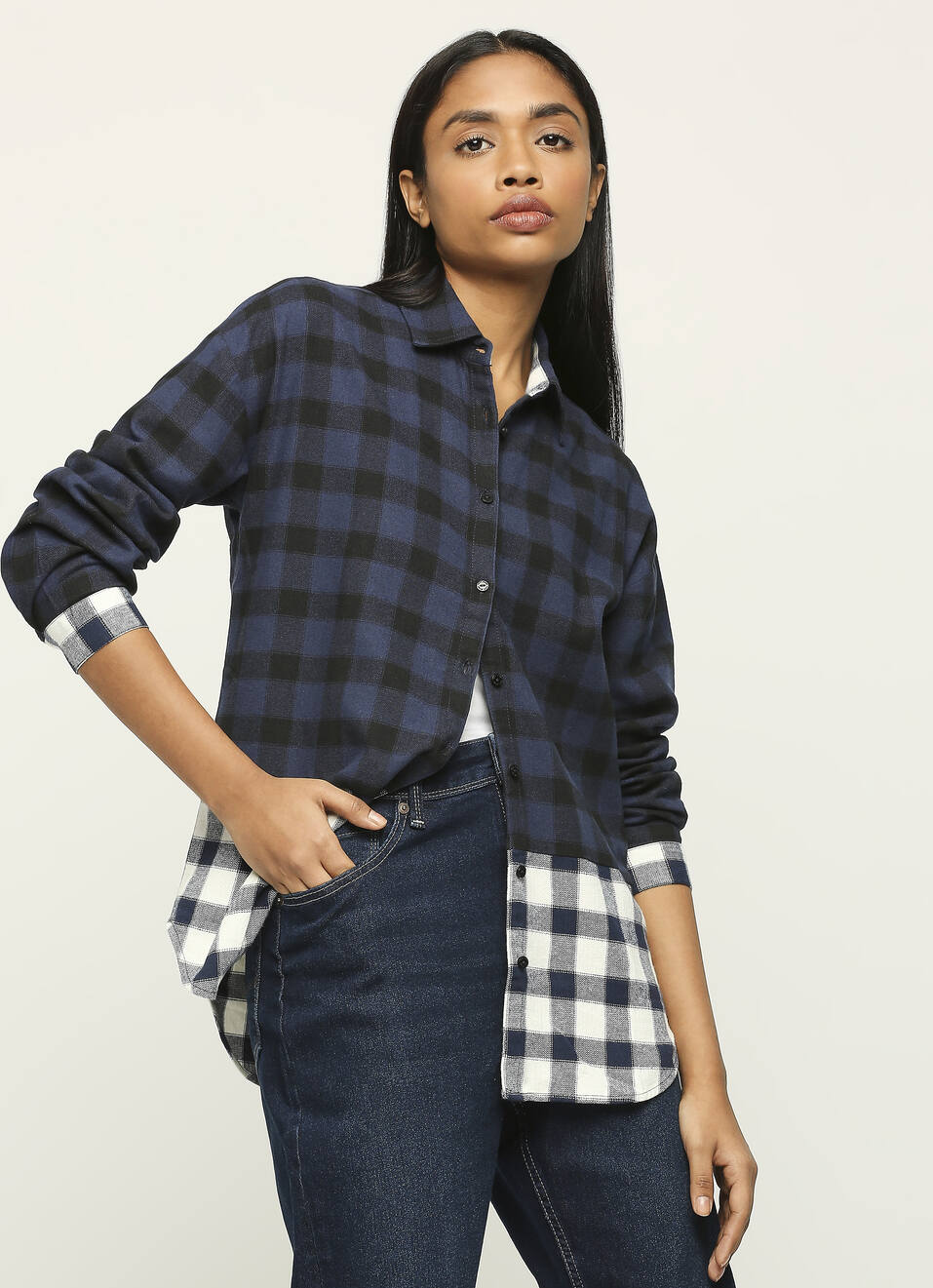 Navy Checks Colour Block Long Sleeve Shirt, , large image number 0