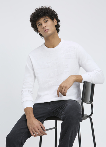 Men White Self Structure Full Sleeve Flat Knit Sweater