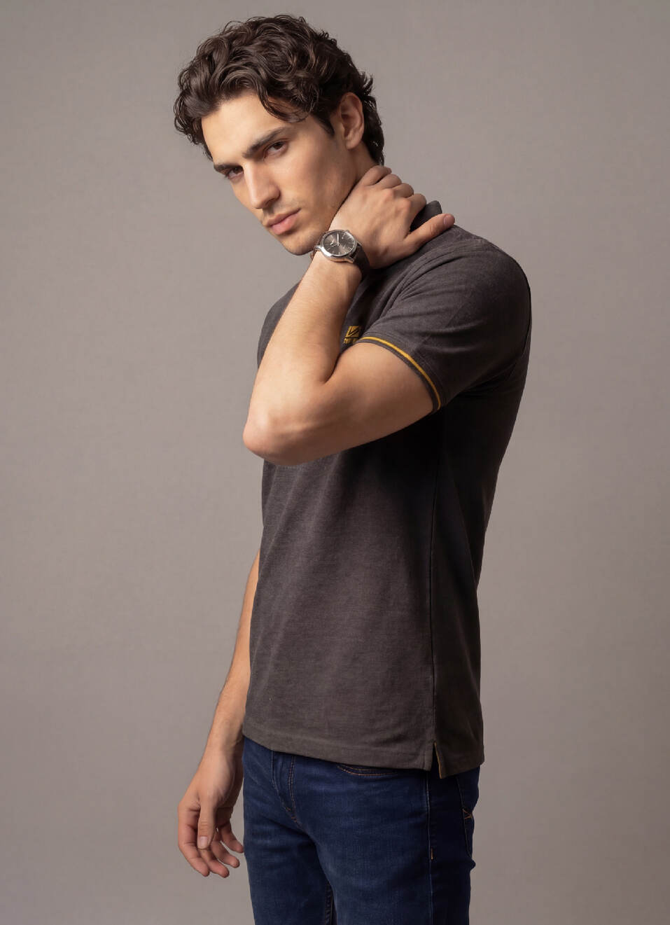 Men Grey Solid Short Sleeves Polo, , large image number 5