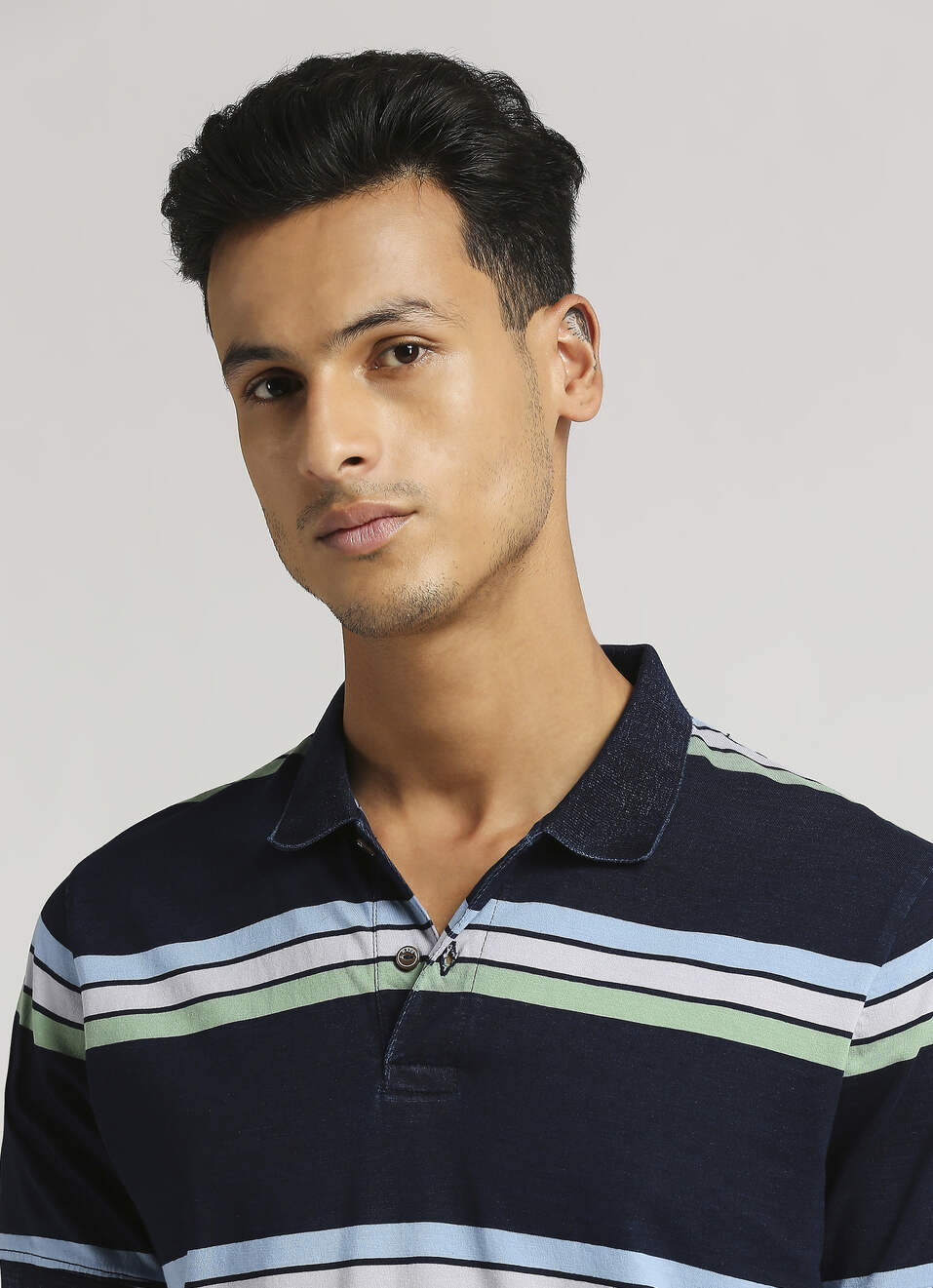 Yarn Dyed Stripes Indigo Short Sleeve Polo, , large image number 4