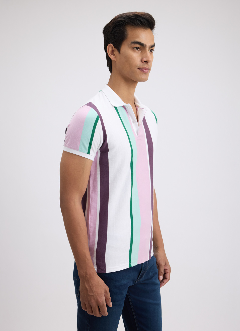 Men Purple Stripe Short Sleeve Polo, , large image number 3