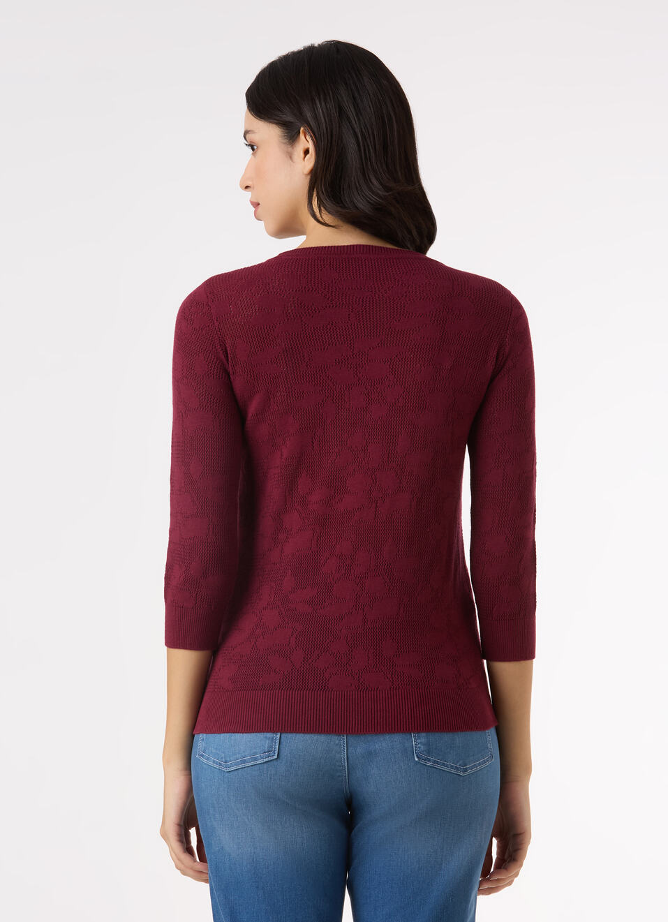 Women Red Jacquard Textured With 3/4 Sleeve Flat Knit, , large image number 2