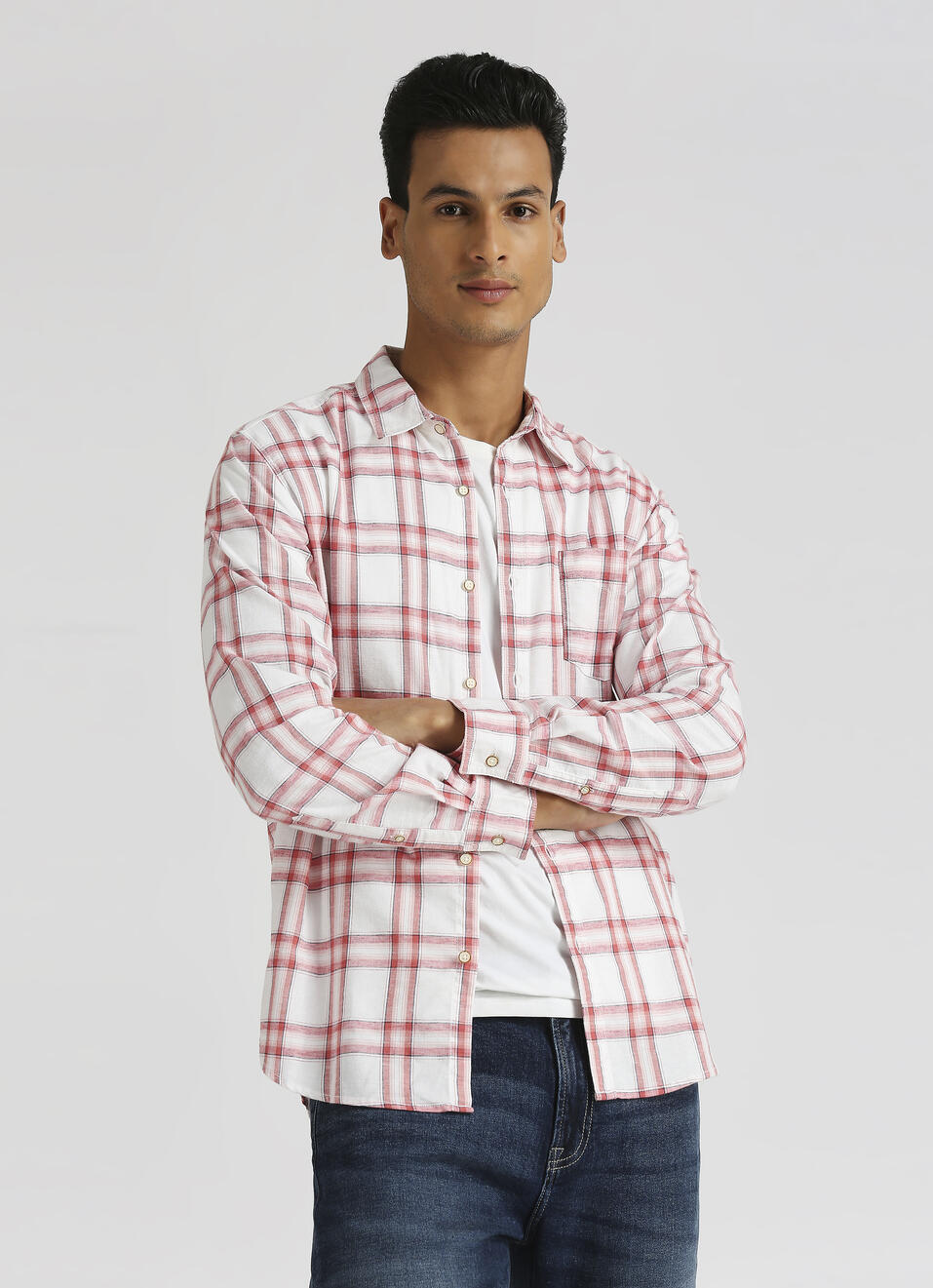 Peach Yarn Dyed Checks Long Sleeve Shirt, , large image number 0