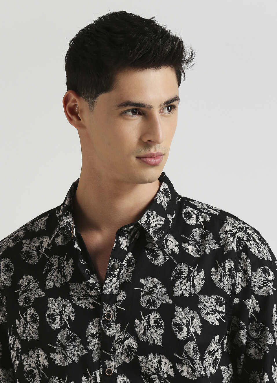 Black Botanical Print Twill Long Sleeve Shirt, , large image number 4
