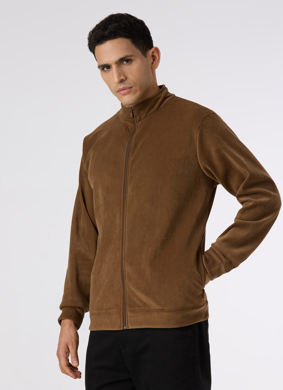 Men Tan Brown Textured Zip Up Sweatshirt, , large image number 3