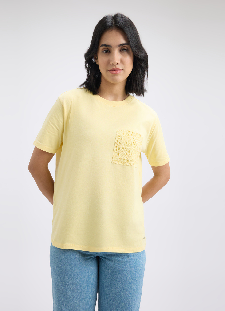 Women Yellow Crochet Short Sleeve T-shirt, , large image number 1