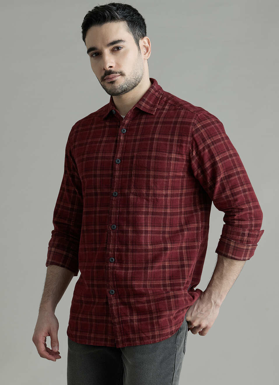 Men Wine Checked Corduroy Long Sleeve Shirt, , large image number 3