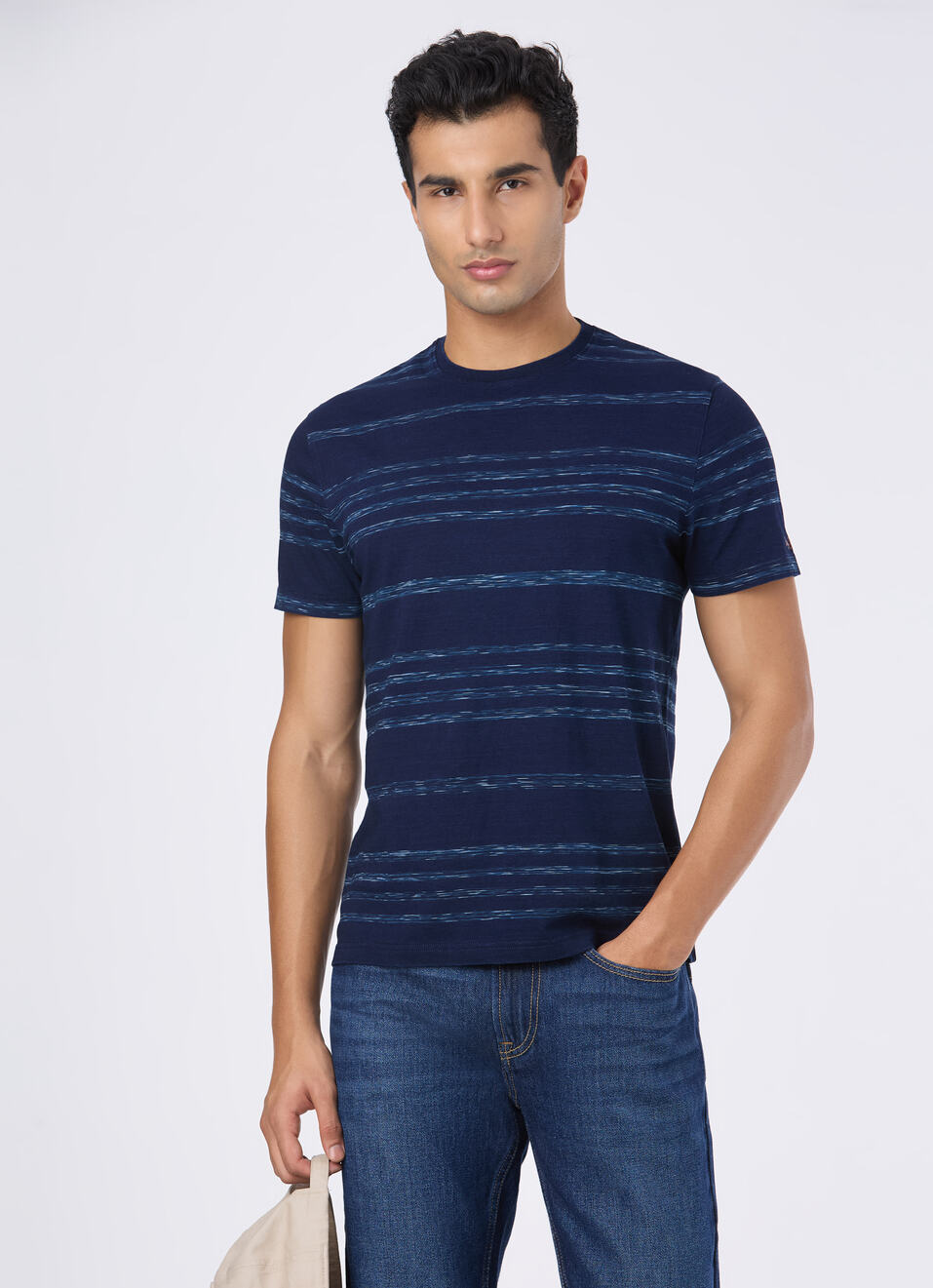 Men Blue Textured Stripe Slim Short Sleeve T-shirt, , large image number 0