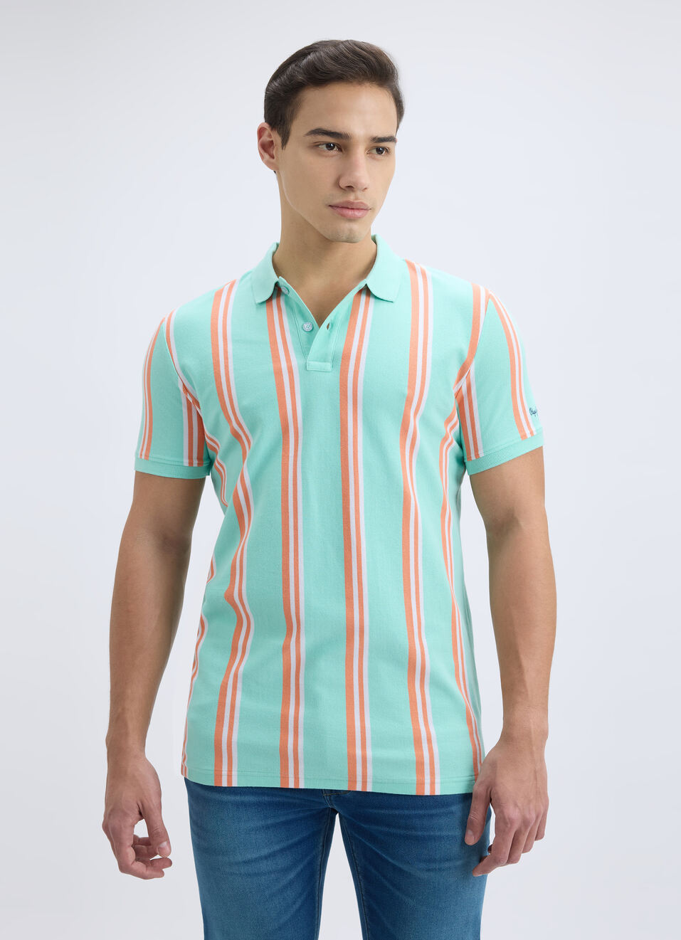 Men Green Vertical Stripe Short Sleeve Polo, , large image number 1