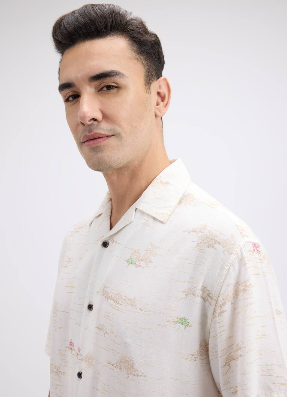 Men Floral Print Resort Collar Short Sleeve Linen Shirt, , large image number 4