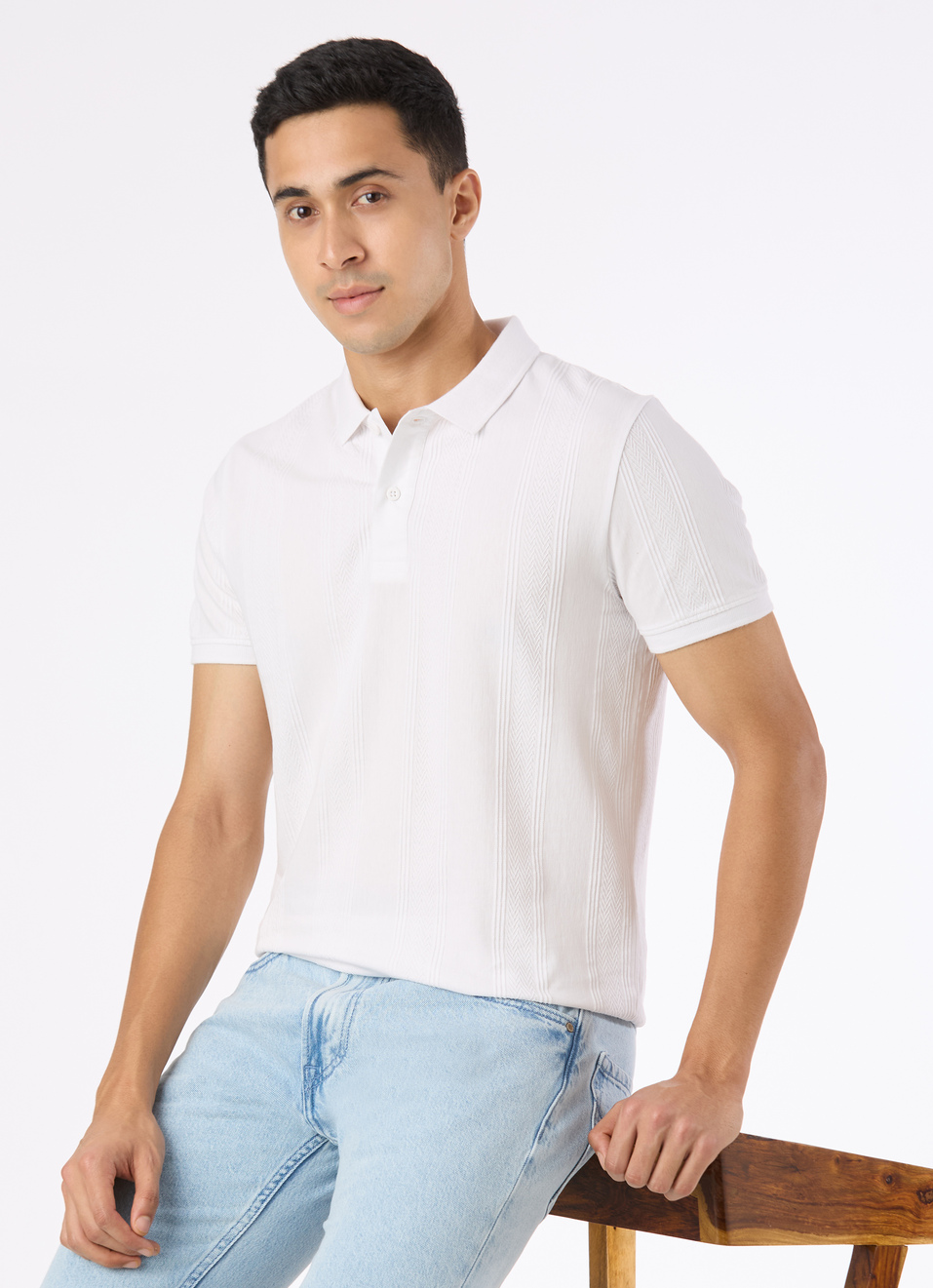 Men White Textured Short Sleeve Polo, , large image number 0