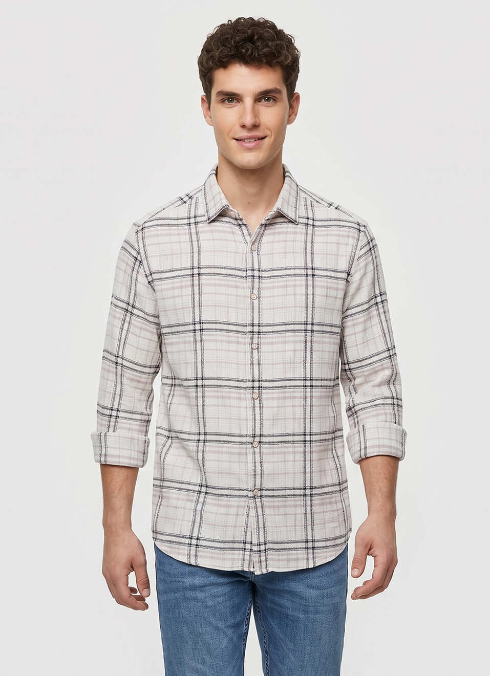 Men Beige Checked Dobby Long Sleeve Shirt, , large image number 1