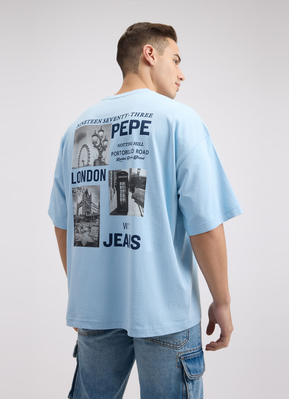 Men Blue Back Print Short Sleeve Oversized T-shirt, , large image number 2