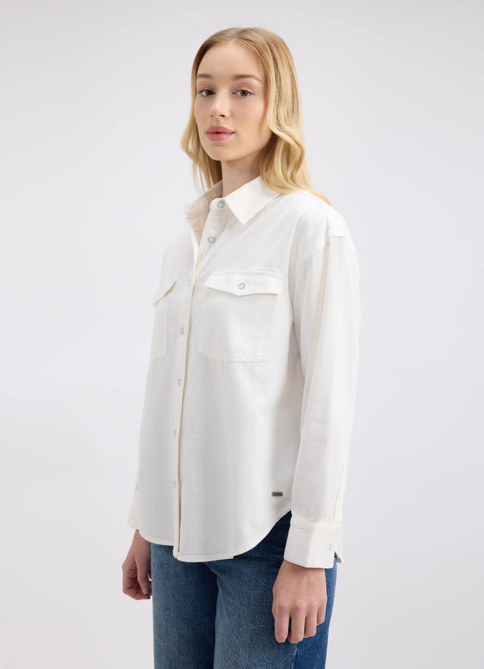 Women Ecru Double Flap Pocket Full Sleeve Oversized Denim Shirt, , large image number 3
