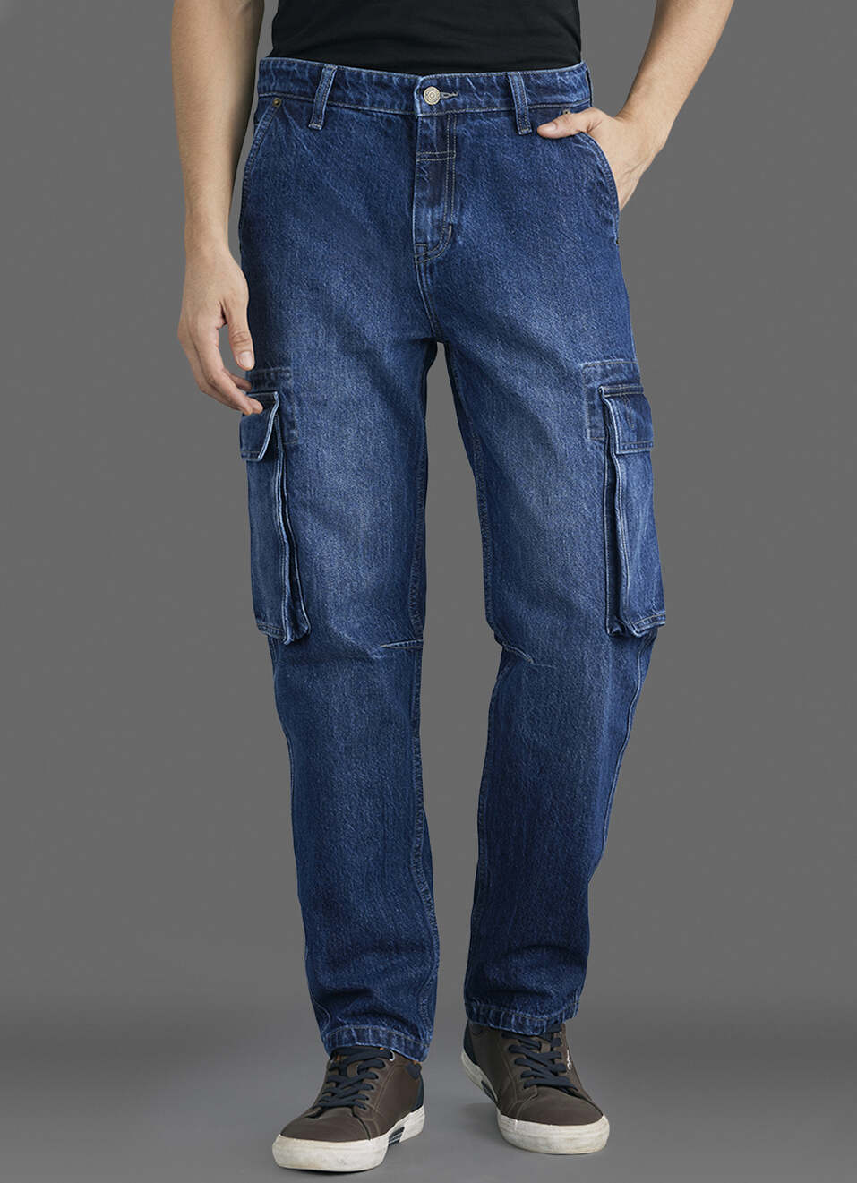 Men Blue Straight Fit Mid Rise Cargo Jeans, , large image number 2