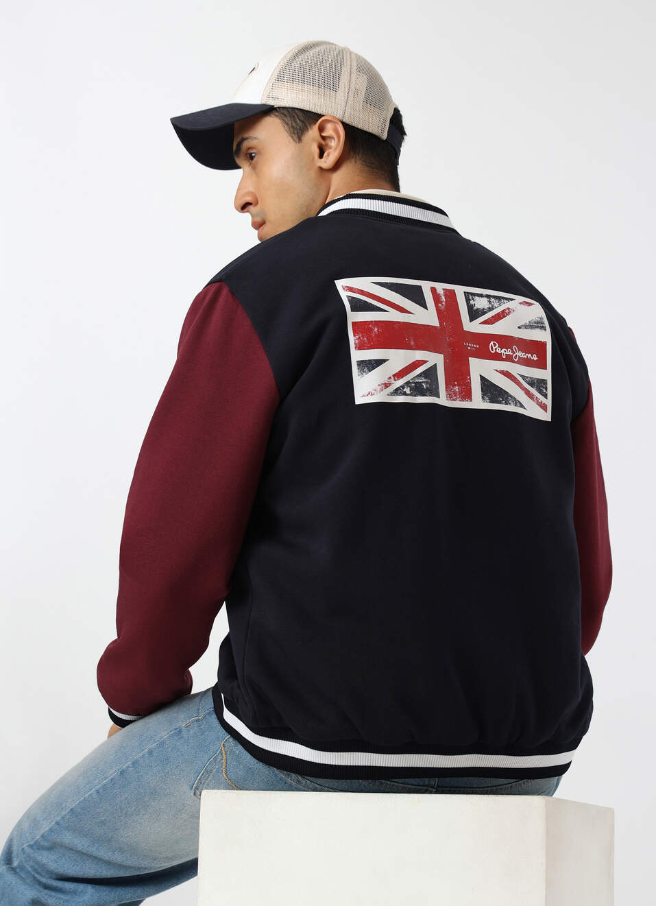 Men Navy Union Jack Back Print Varsity Jacket , , large image number 0