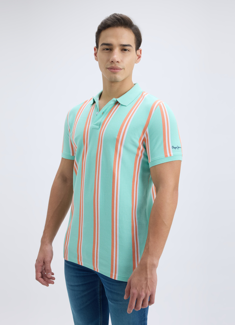 Men Green Vertical Stripe Short Sleeve Polo, , large image number 3