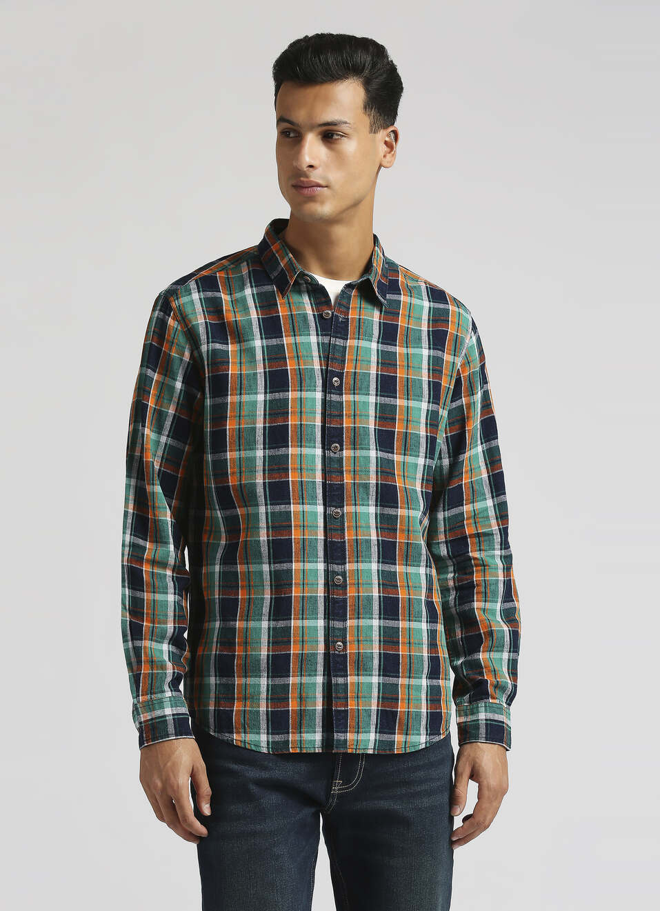 Yarn Dyed Indigo Checks Linen Long Sleeve Shirt, , large image number 1