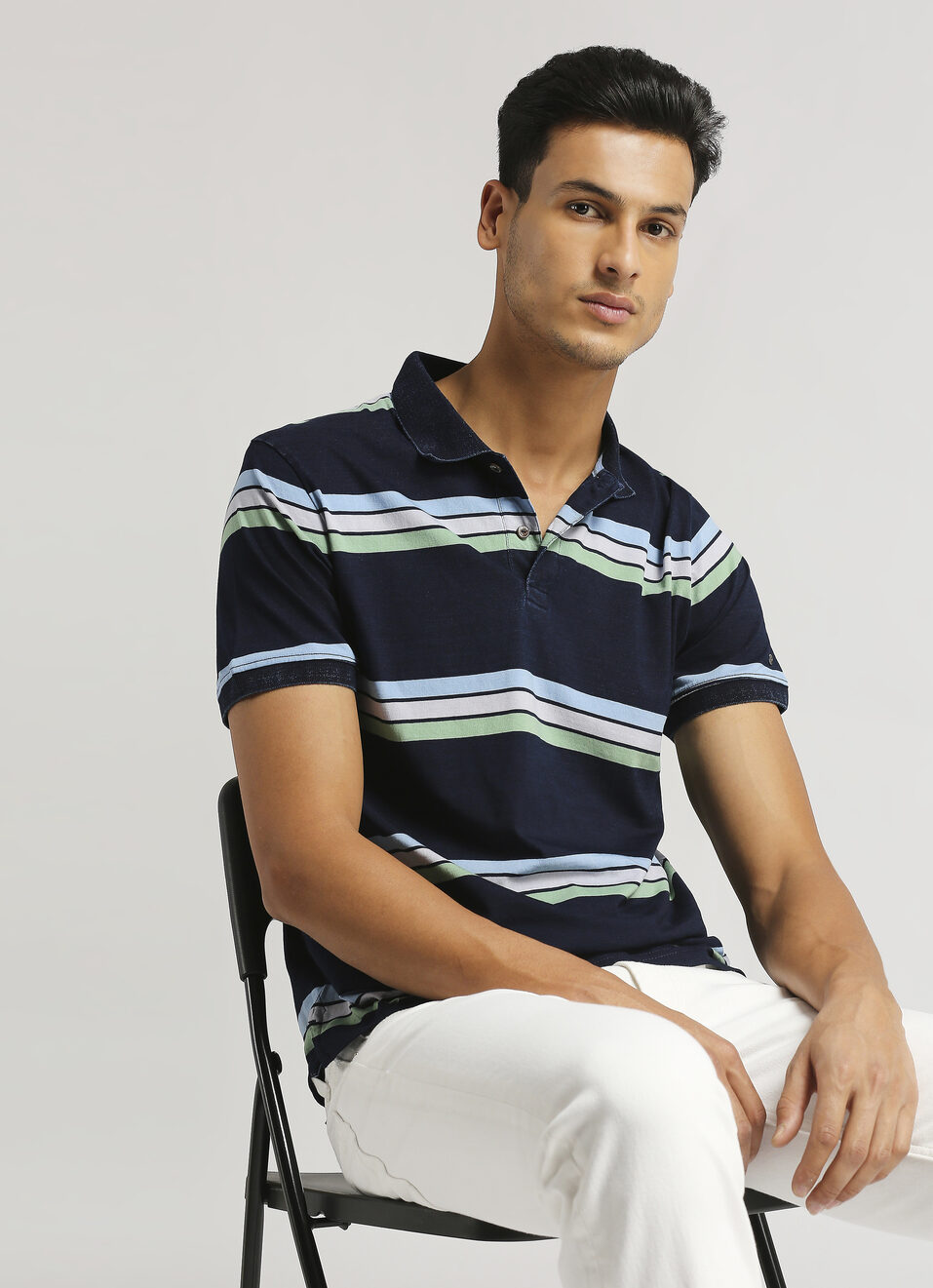 Yarn Dyed Stripes Indigo Short Sleeve Polo, , large image number 0