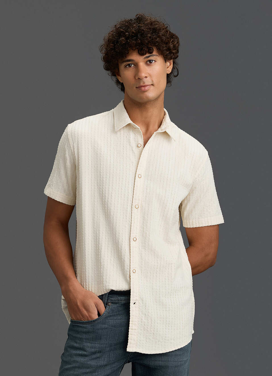Men Beige Self Textured Regular Fit Short Sleeve Casual Shirt, , large image number 5
