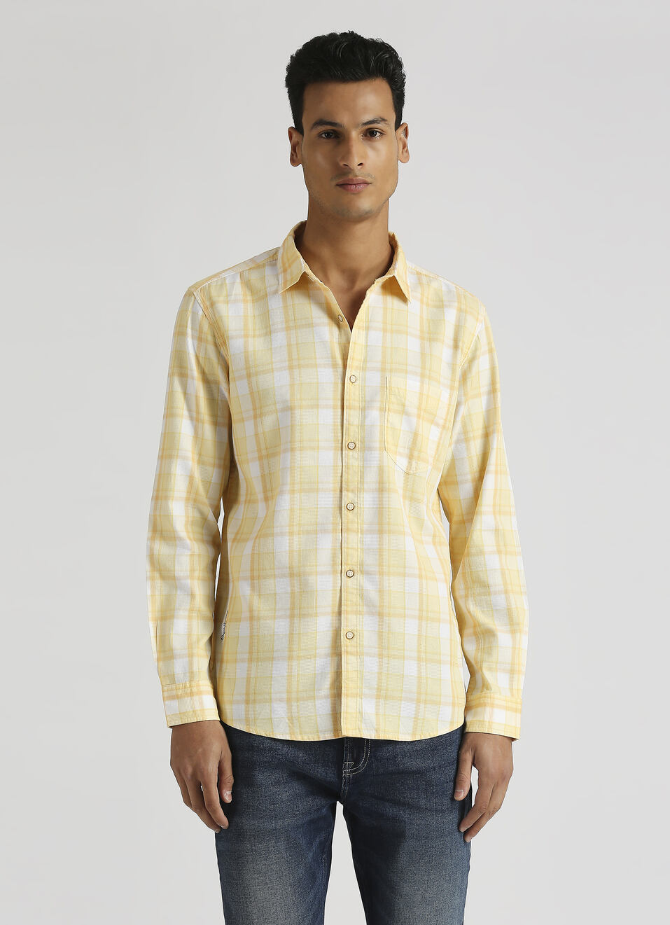 Yellow Plaid Summer Long Sleeve Shirt, , large image number 1