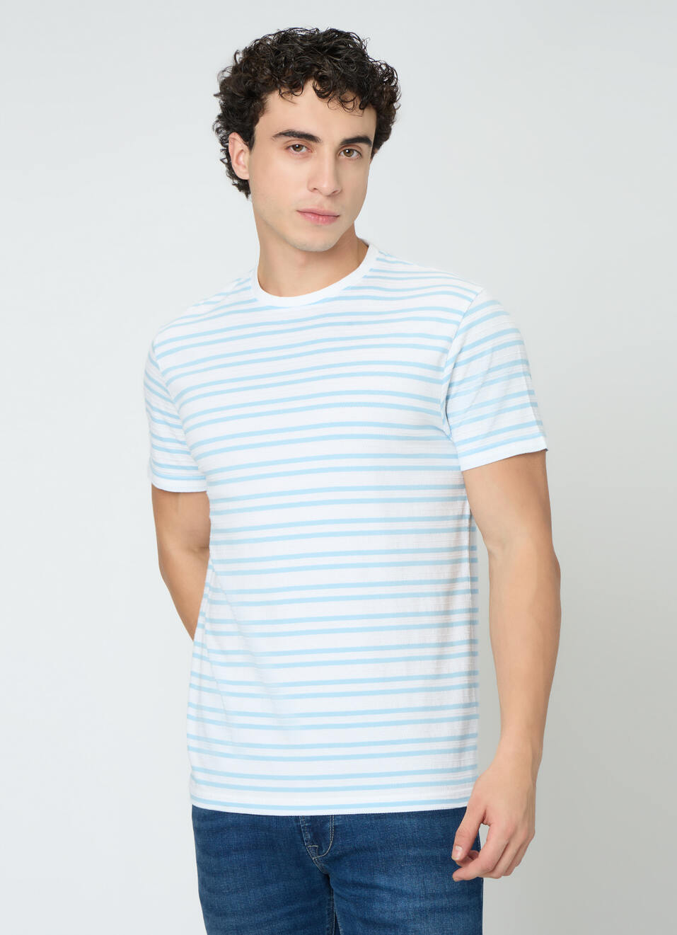 Men Sky Blue Striped Slim Fit T-shirt, , large image number 1