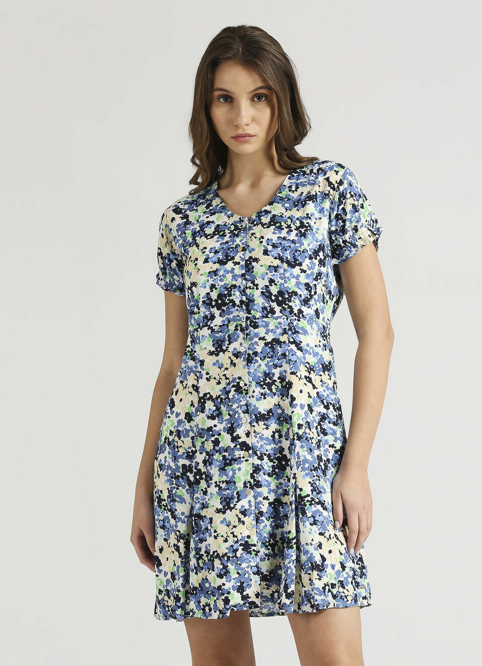 Off White Floral Print Puff Sleeve Dress, , large image number 1