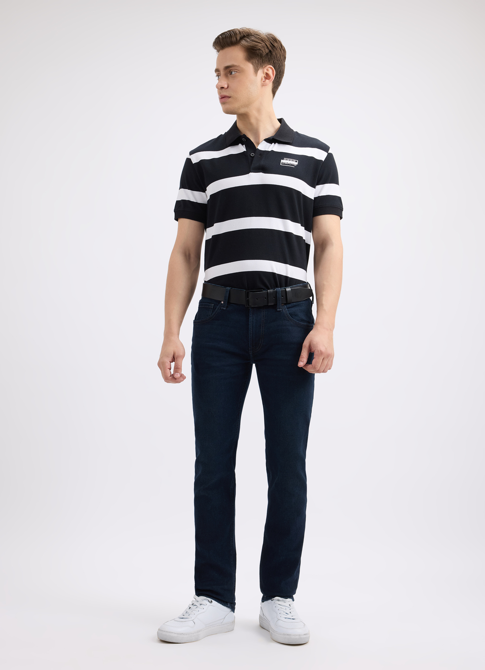 Men Black Stripe Short Sleeve Stretch Polo, , large image number 5