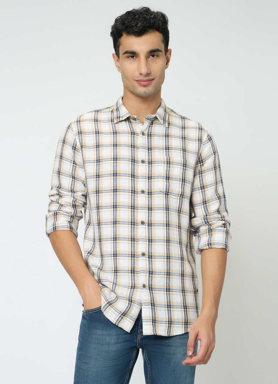 Men Beige Checked Shirt, , large image number 1