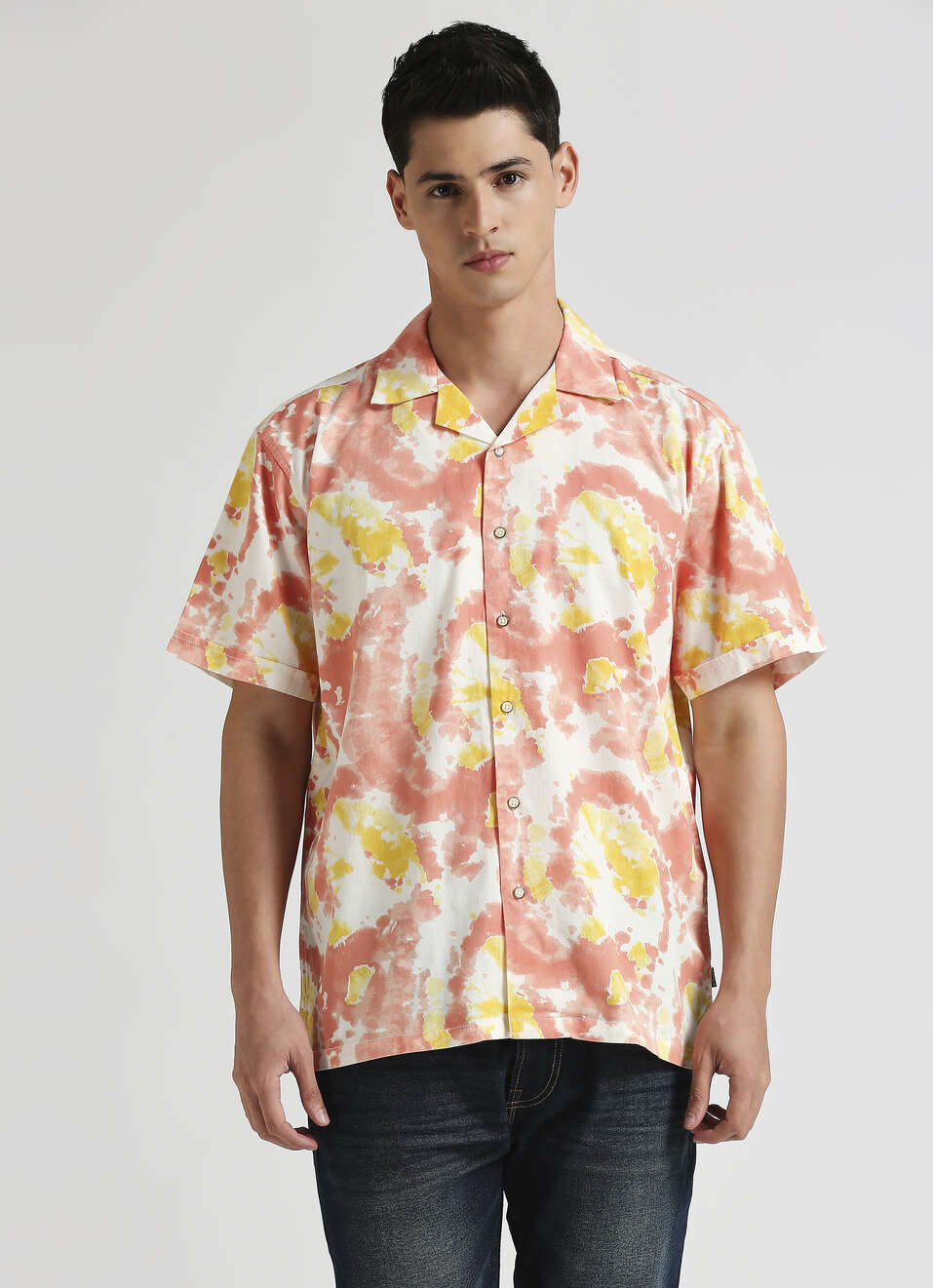 Peach Tie And Dye Print Short Sleeve Shirt, , large image number 1