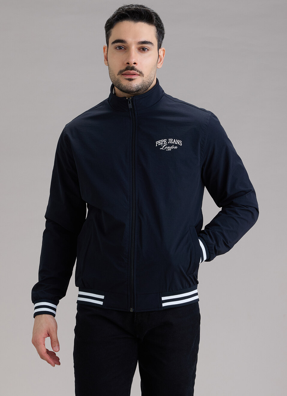 Men Blue Printed High Neck Long Sleeve Jacket, , large image number 1