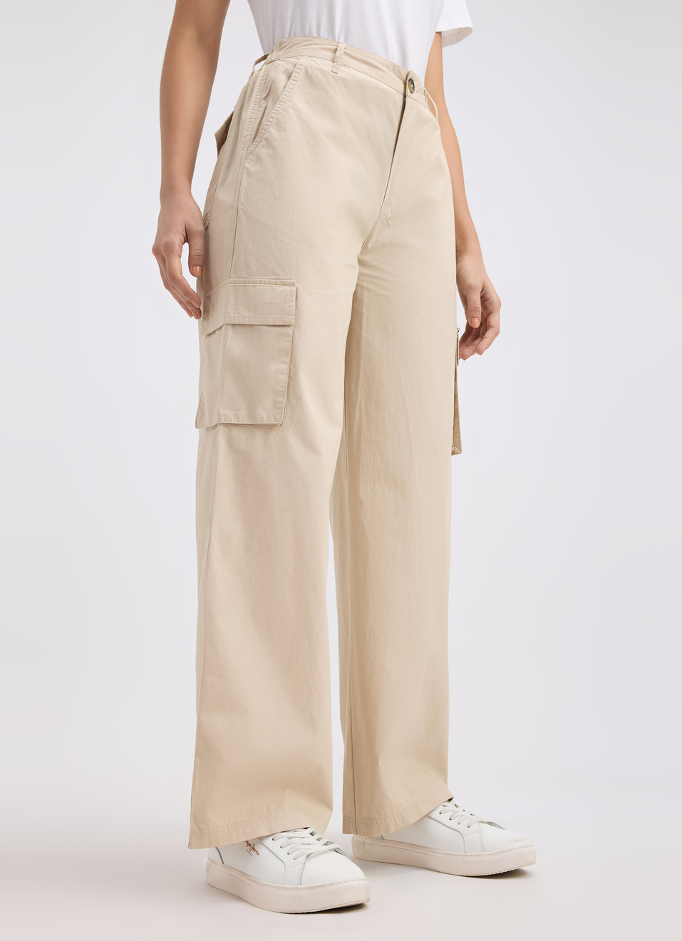 Women Beige Mid Rise Wide Leg Cargo Pants, , large image number 2