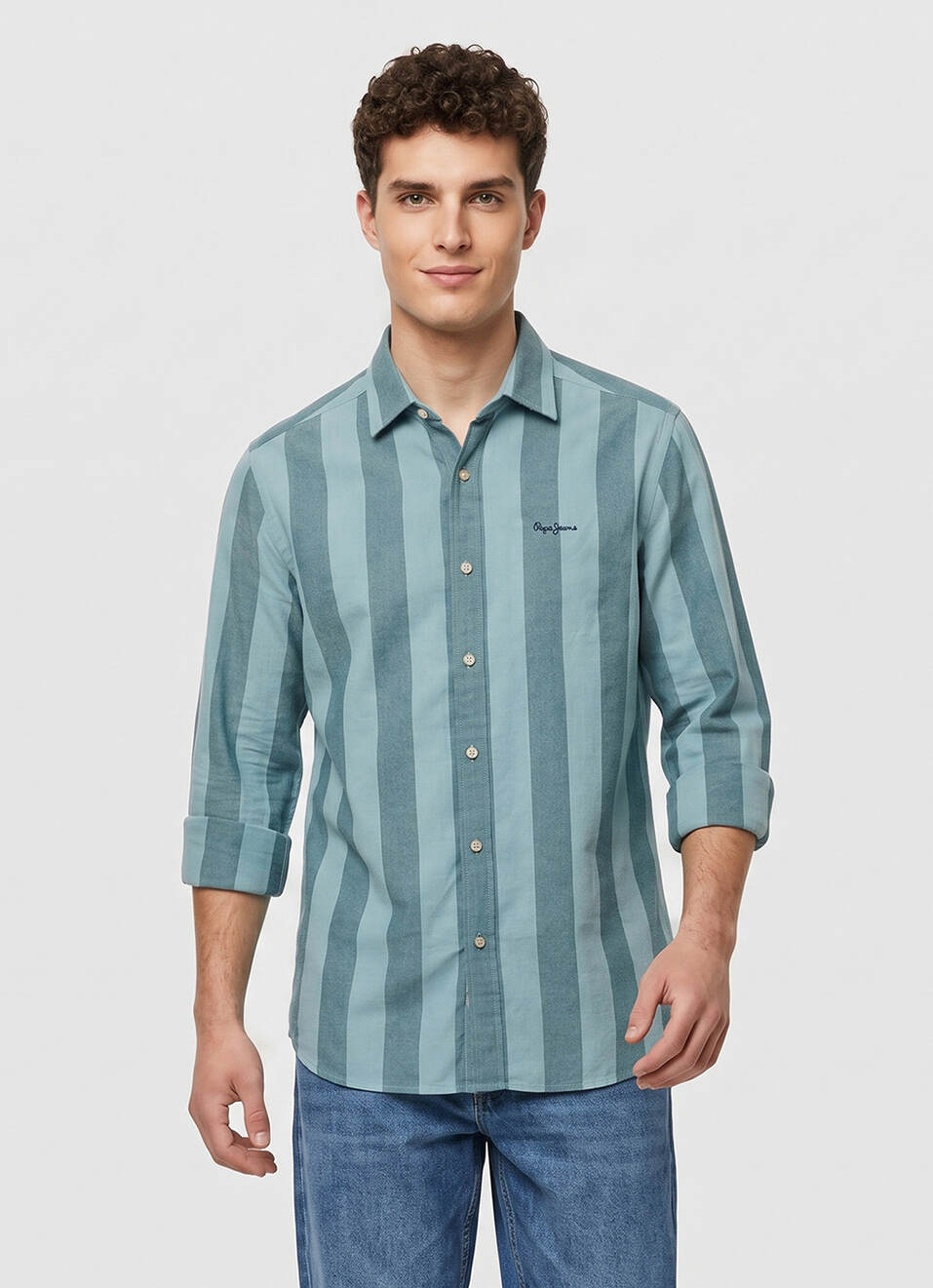 Men Green Striped Oxford Long Sleeve Shirt, , large image number 1