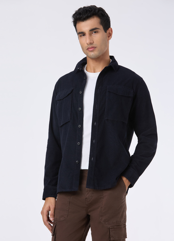 Men Navy Corduroy Flap Pocket Full Sleeve Shirt