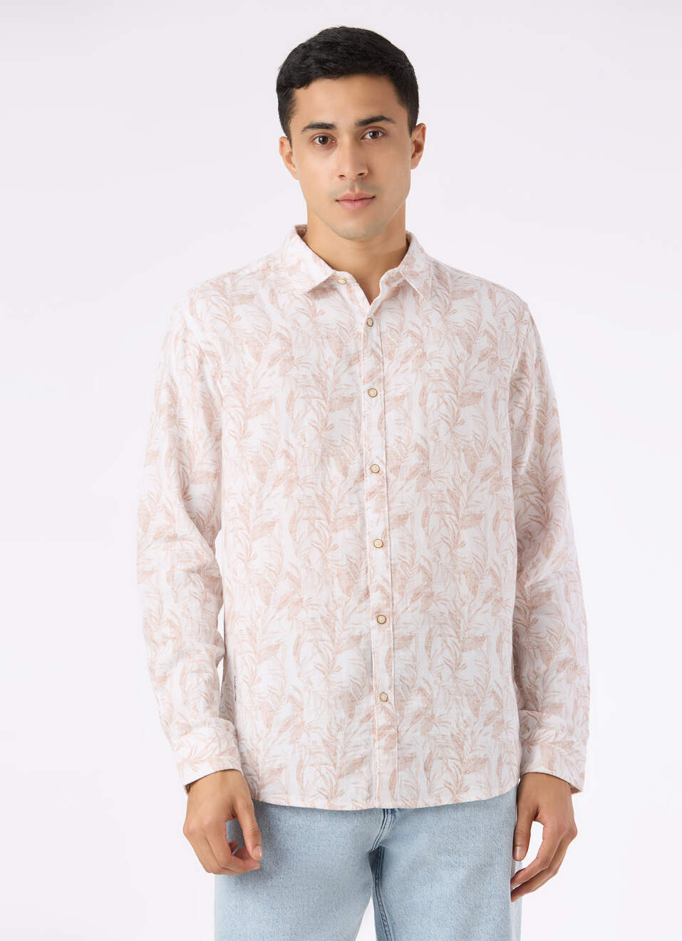 Men Peach Botanical Leaf Print Full Sleeve Shirt, , large image number 1