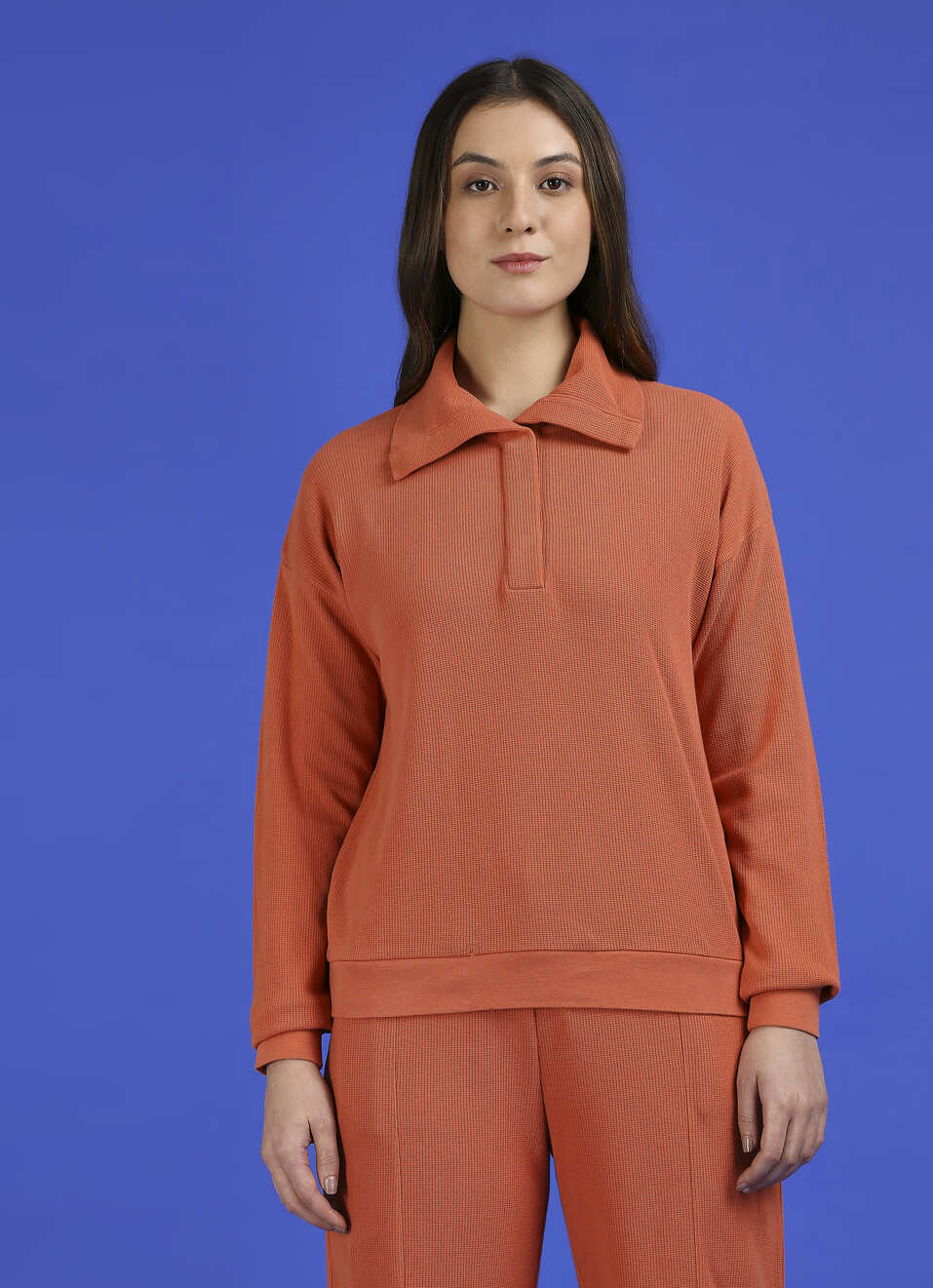Orange High Neck Full Sleeve Sweatshirt, , large image number 1