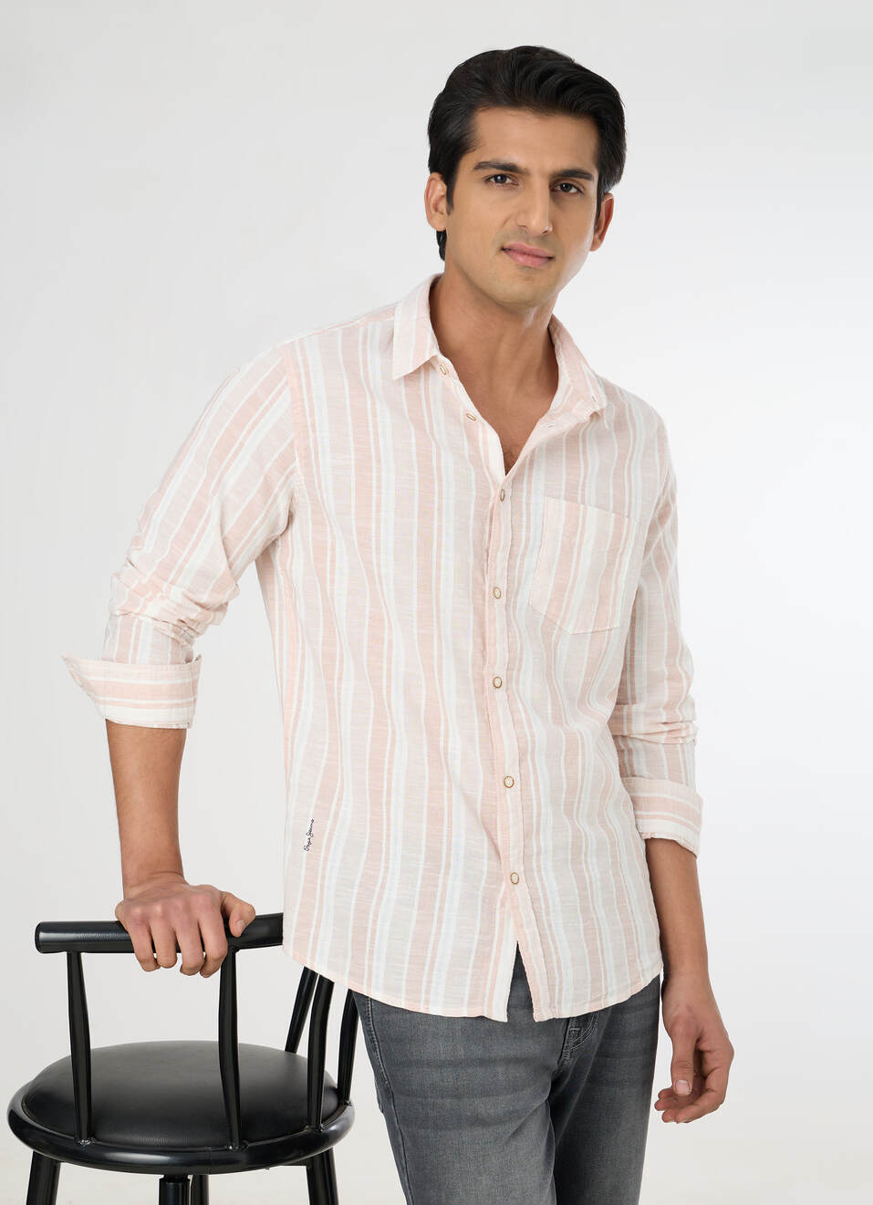 Men Peach Orange Striped Shirt, , large image number 0