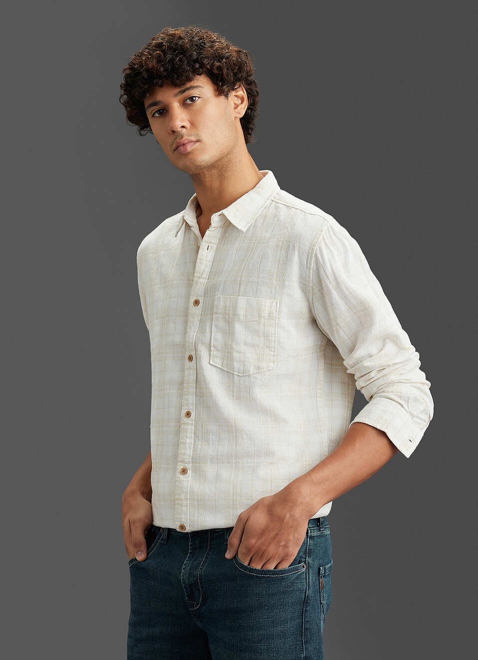 Men Beige Checked Regular Fit Full Sleeve Casual Shirt, , large image number 7