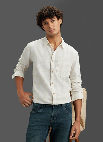 Men Beige Checked Regular Fit Full Sleeve Casual Shirt