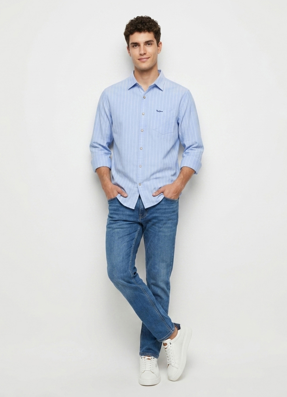 Men Blue Striped Oxford Long Sleeve Shirt, , large image number 5