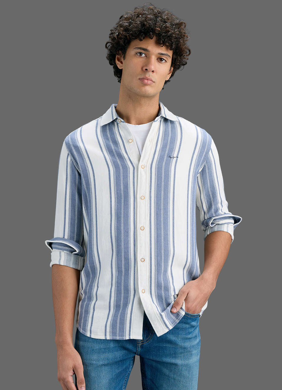 Men Blue Striped Shirt, , large image number 5