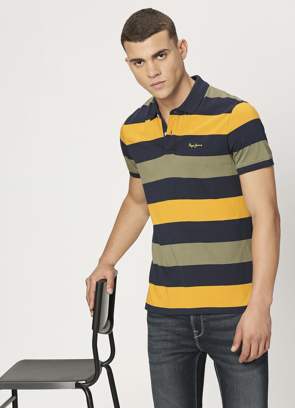Navy Striped Short Sleeve Polo, , large image number 0